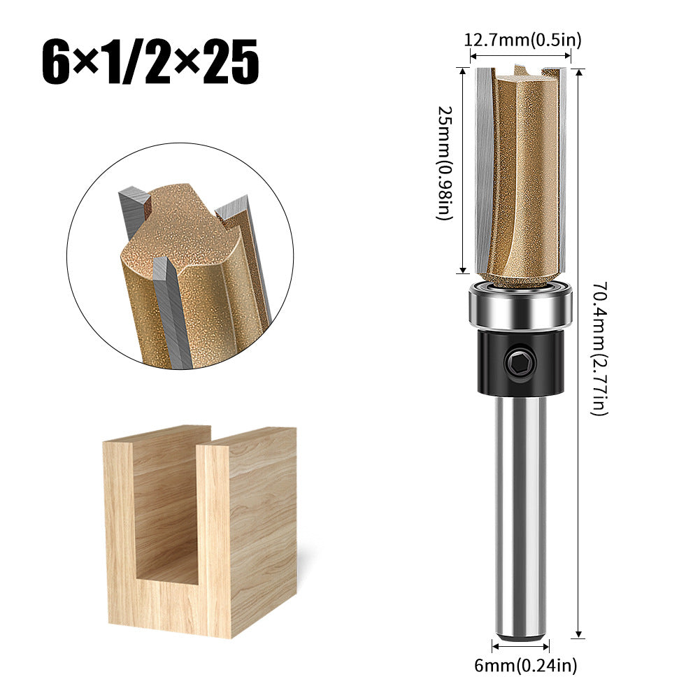 Professional grade three-edged bearing straight knife 1/4 handle trimming knife slotting diameter 12.7 diameter engraving machine woodworking milling cutter head