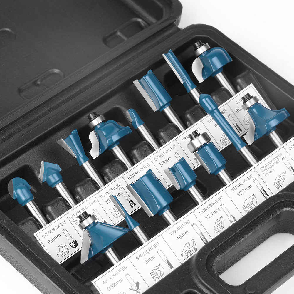 1/4 handle 15-piece woodworking milling cutter set trimmer head bakelite slotting router straight cutter woodworking tool