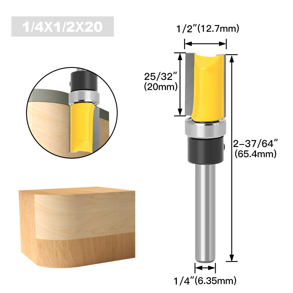 1/4 handle, copy bearing trimming cutter, woodworking milling cutter, double-edged bearing straight cutter, extended