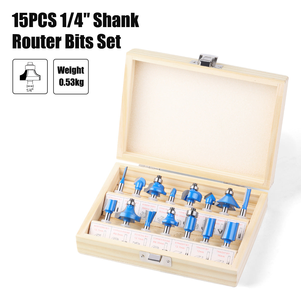 12-Piece set of 1/4 handle woodworking milling cutter set, trimming machine cutter head, bakelite milling engraving machine milling cutter, trimming cutter 15PC