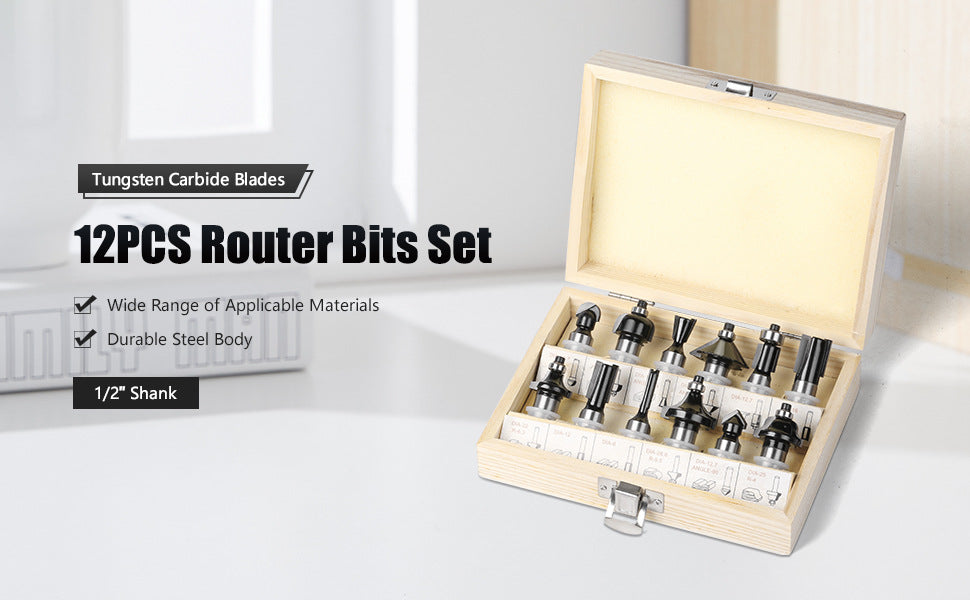 12-Piece set of 1/2 handle woodworking milling cutter set, black woodworking engraving machine/bakelite milling/trimming machine, cutter head set