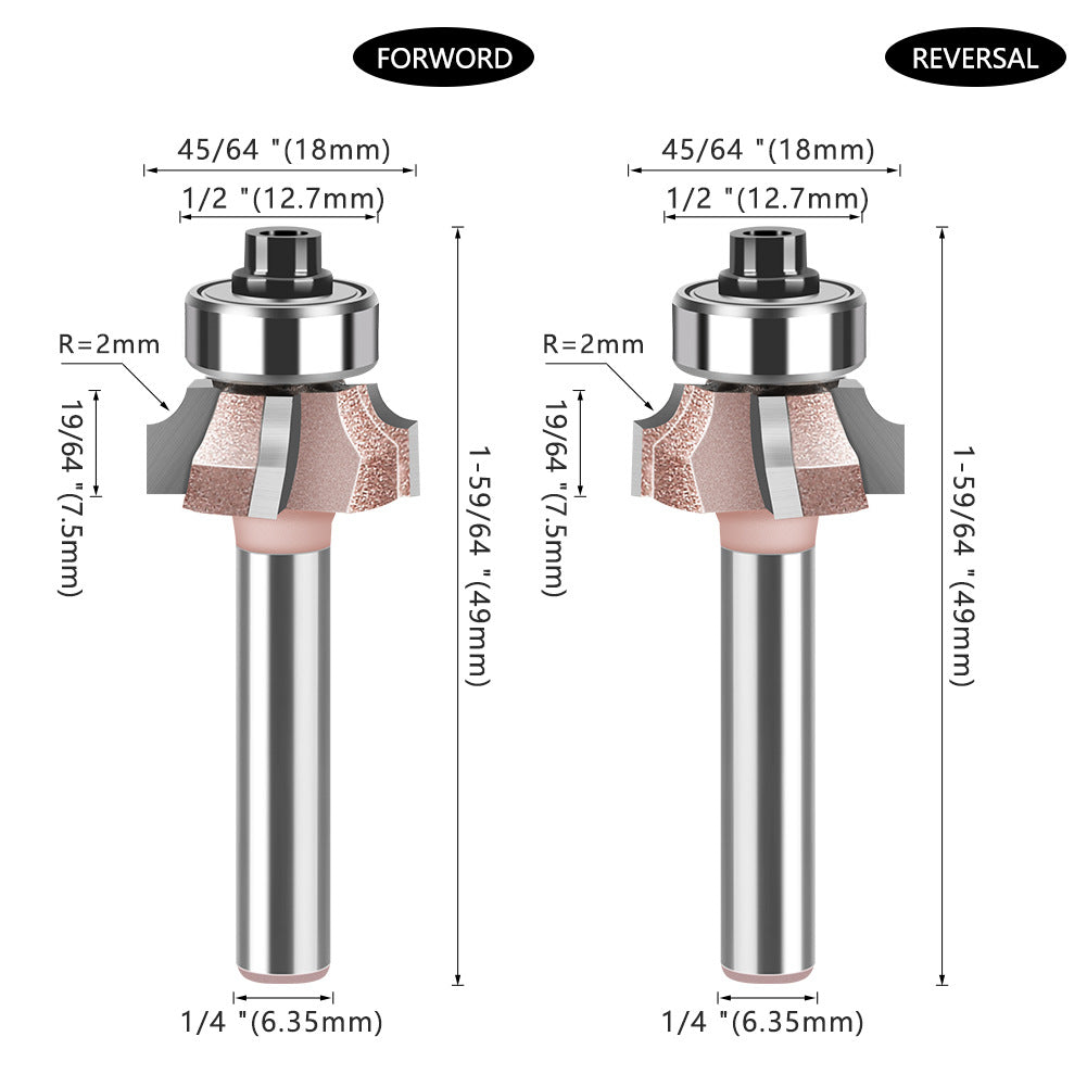 1/4 shank four-blade positive and reverse edge banding knife rounded corner knife arc trimming knife woodworking chamfering knife