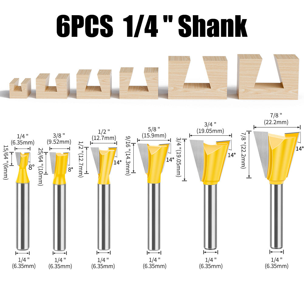 6-Piece set 1/4 handle 6 handle dovetail knife, Zikou Xun knife, woodworking milling cutter, carving knife, small dovetail knife