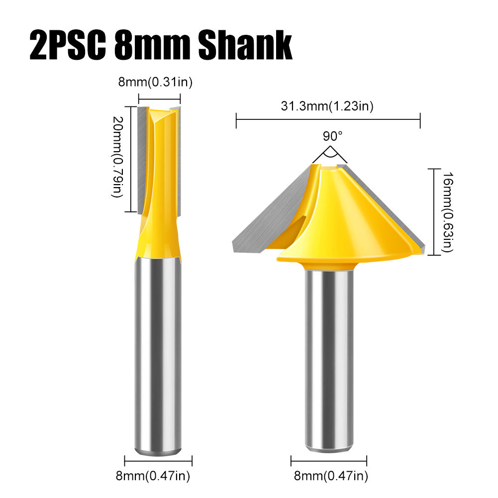 2-Piece set Bogu frame tenon knife 1/2 handle 8 handle woodworking milling cutter Flat bottom V-shaped knife Door and window tenon knife Puzzle knife