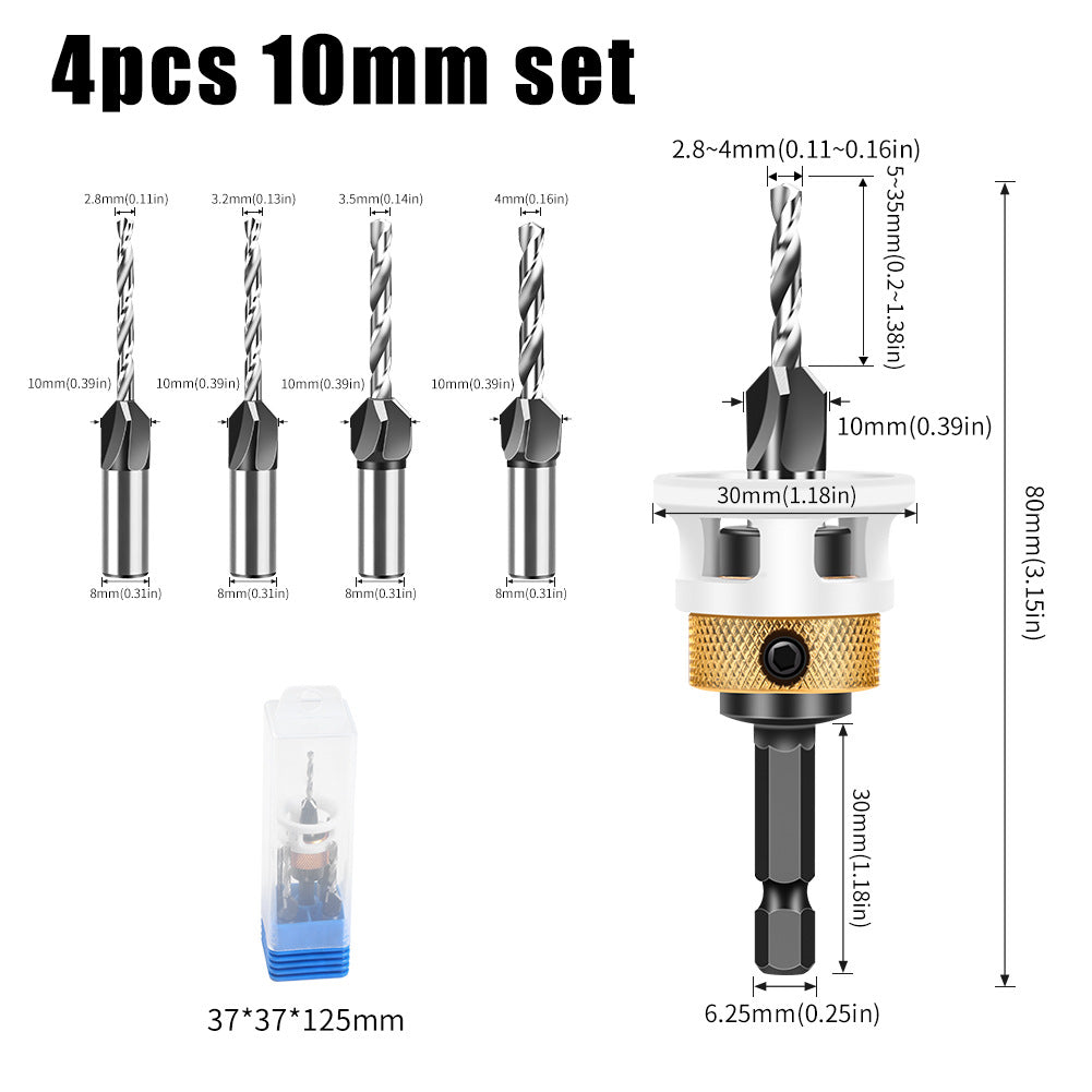 4-Piece set Woodworking limit four-edge countersunk drill bit Taper hole drill Adjustable depth Step drill Hidden screw countersunk head