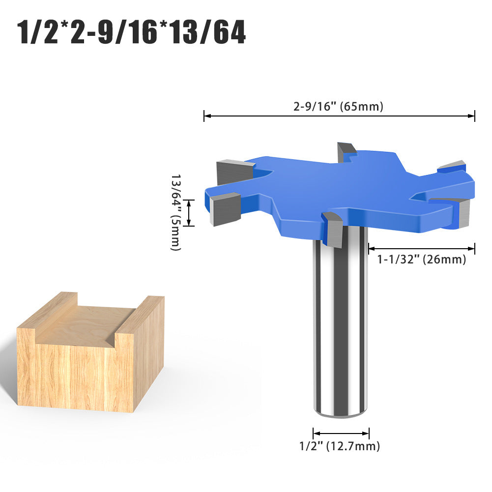 6-Tooth four-tooth T-shaped knife 1/2 handle 12mm handle woodworking tool lengthened T-shaped cutter slotted milling cutter T-shaped tenon cutter