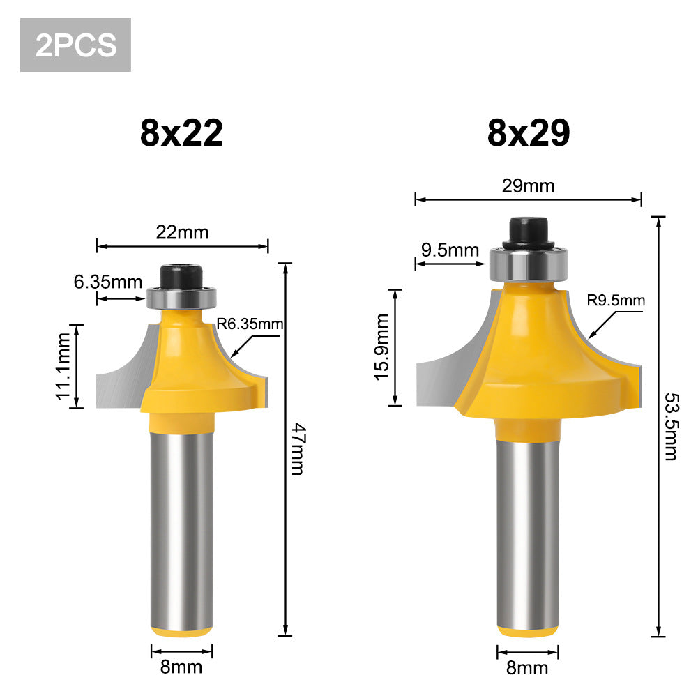 2-piece set of 8-handle woodworking rounded corner cutter inverted R-angle milling cutter trimming corner milling cutter R-angle cutter woodworking rounded corner cutter head