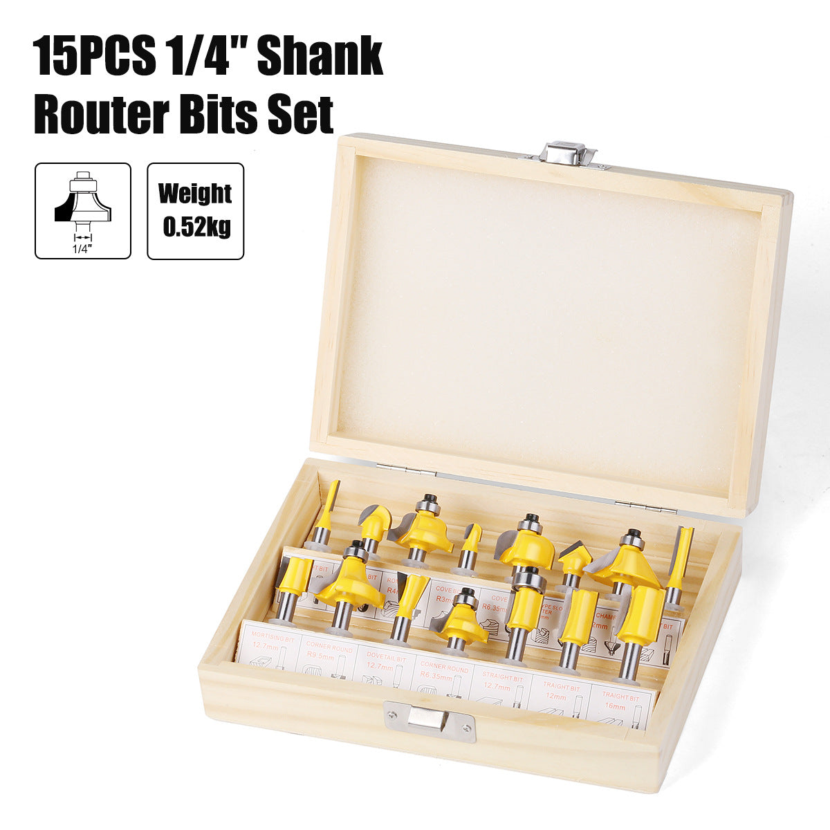 12-Piece set of 1/4 handle woodworking milling cutter set, trimming machine cutter head, bakelite milling engraving machine milling cutter, trimming cutter 15PC
