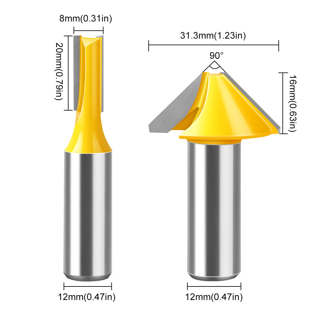 2-Piece set Bogu frame tenon knife 1/2 handle 8 handle woodworking milling cutter Flat bottom V-shaped knife Door and window tenon knife Puzzle knife