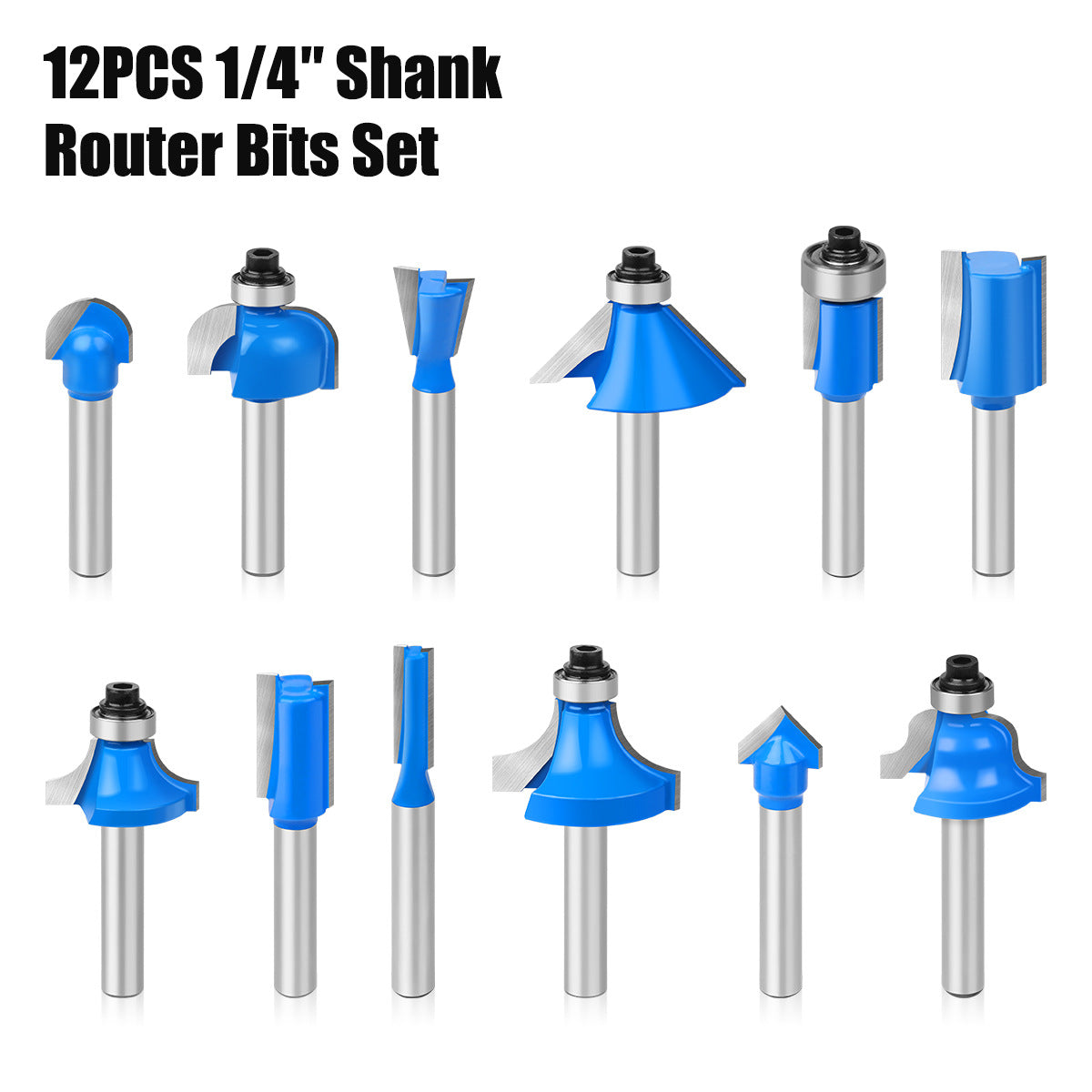 15-Piece set of 1/4 handle woodworking milling cutter set, trimming machine, engraving machine, cutter head, trimming, chamfering and slotting knife
