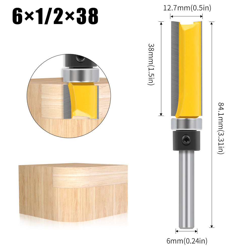1/4 handle, copy bearing trimming cutter, woodworking milling cutter, double-edged bearing straight cutter, extended