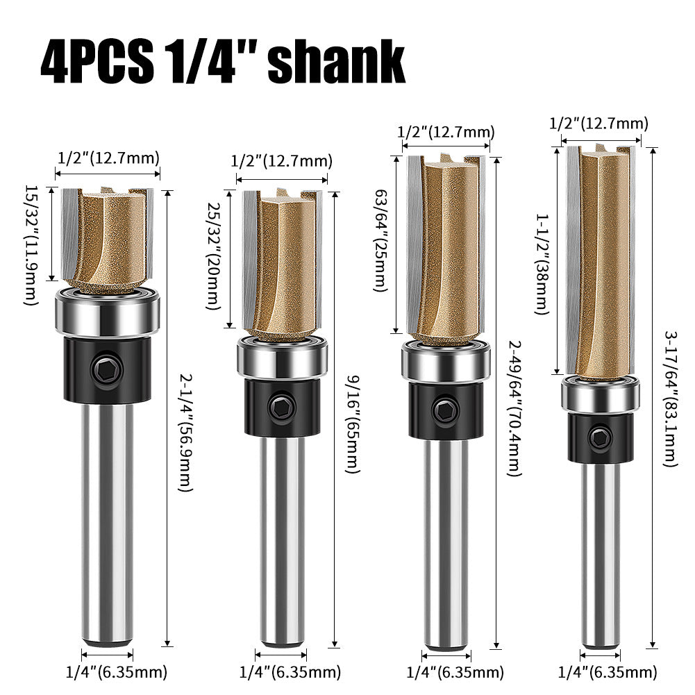 Professional grade three-edged bearing straight knife 1/4 handle trimming knife slotting diameter 12.7 diameter engraving machine woodworking milling cutter head