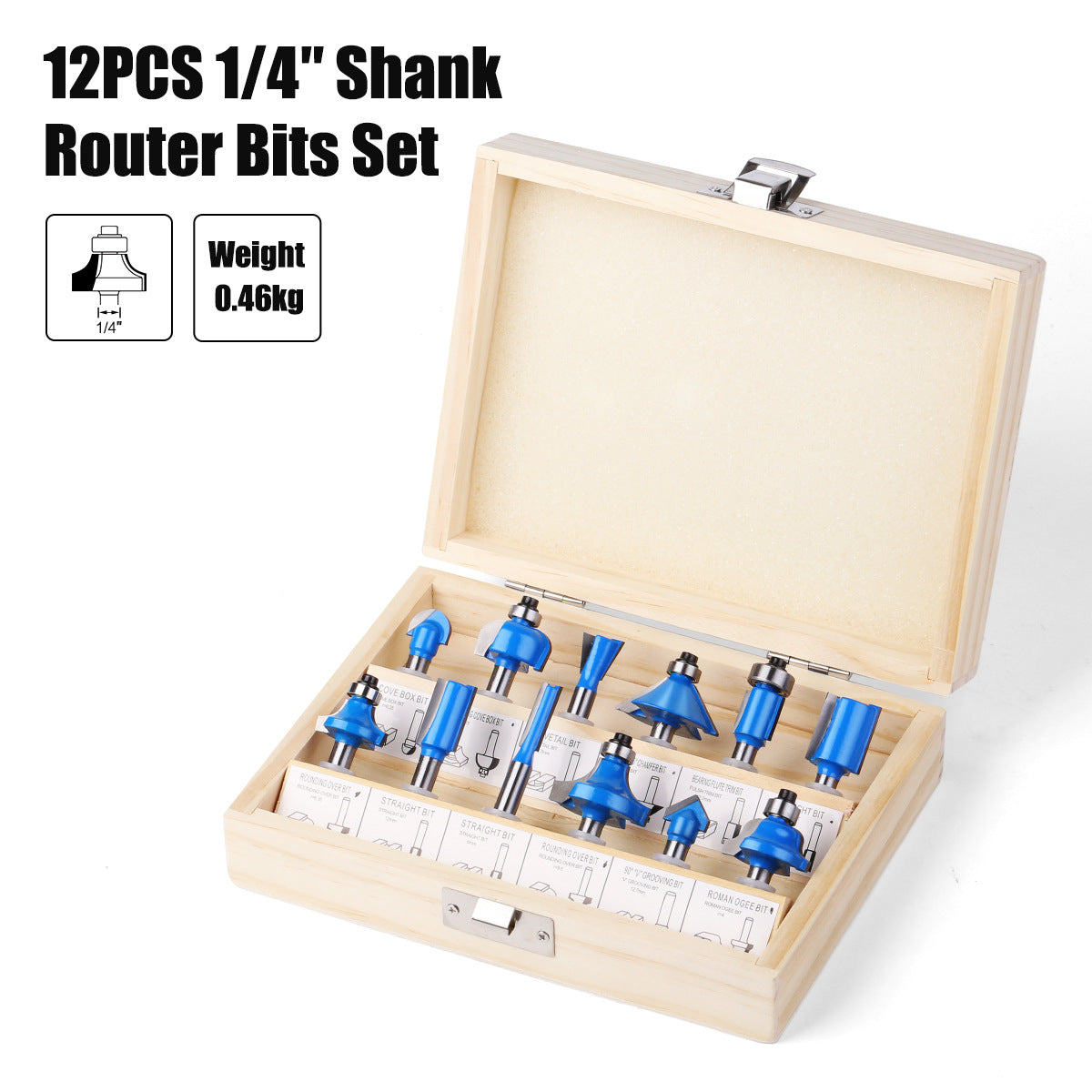12-Piece set of 1/4 handle woodworking milling cutter set, trimming machine cutter head, bakelite milling engraving machine milling cutter, trimming cutter 15PC