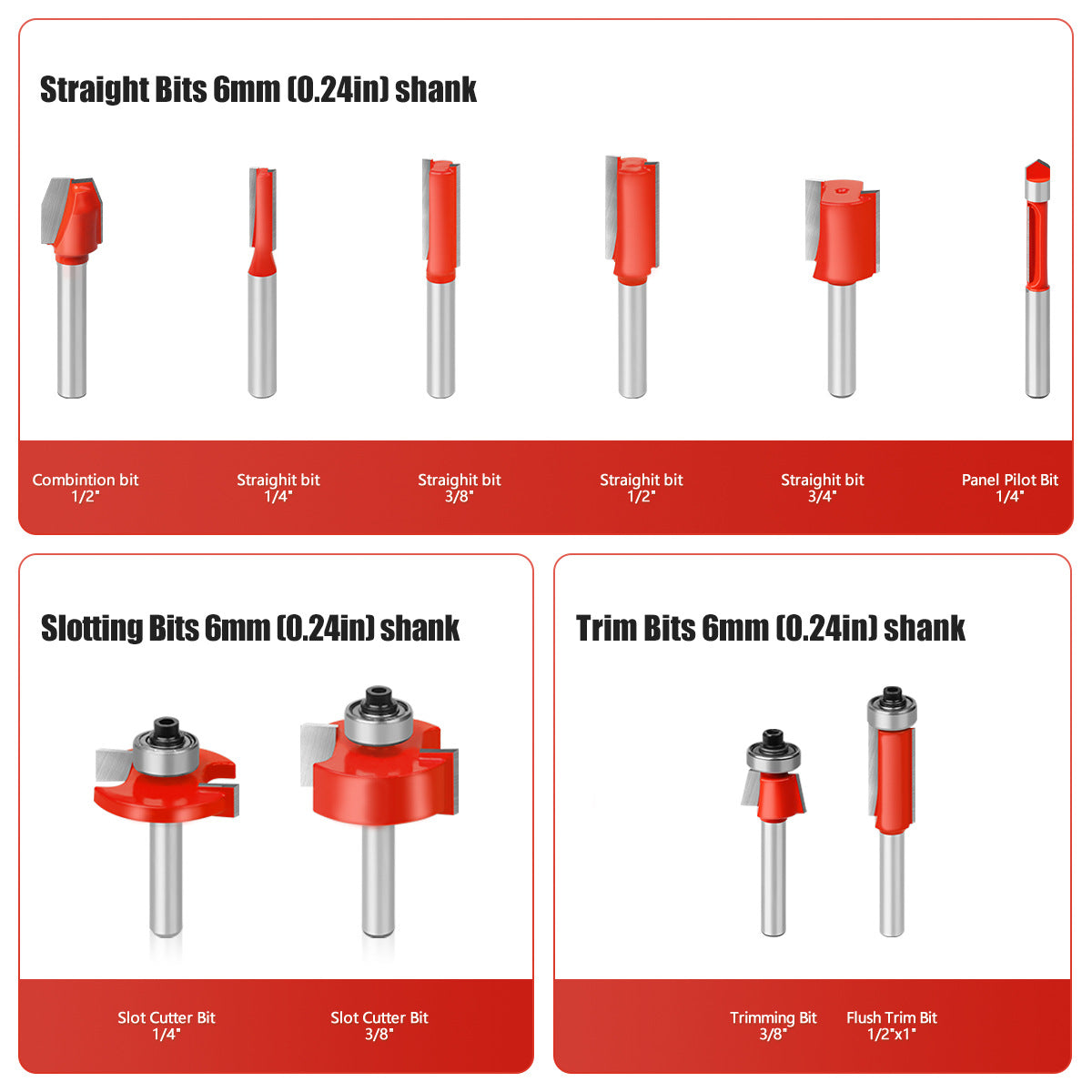 24-Piece woodworking milling cutter 6 handle trimming machine engraving machine cutter head DIY woodworking tools rounded corner slotting trimming milling cutter