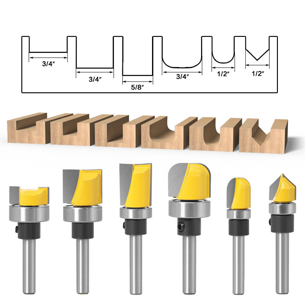 6-Piece set of 6-handle imitation slotting knife bearing slotting knife V-shaped knife folding angle knife woodworking milling cutter notch knife