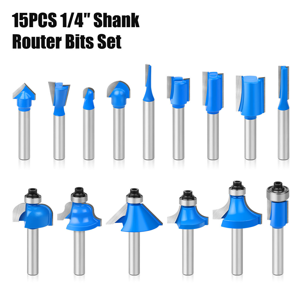 15-Piece set of 1/4 handle woodworking milling cutter set, trimming machine, engraving machine, cutter head, trimming, chamfering and slotting knife