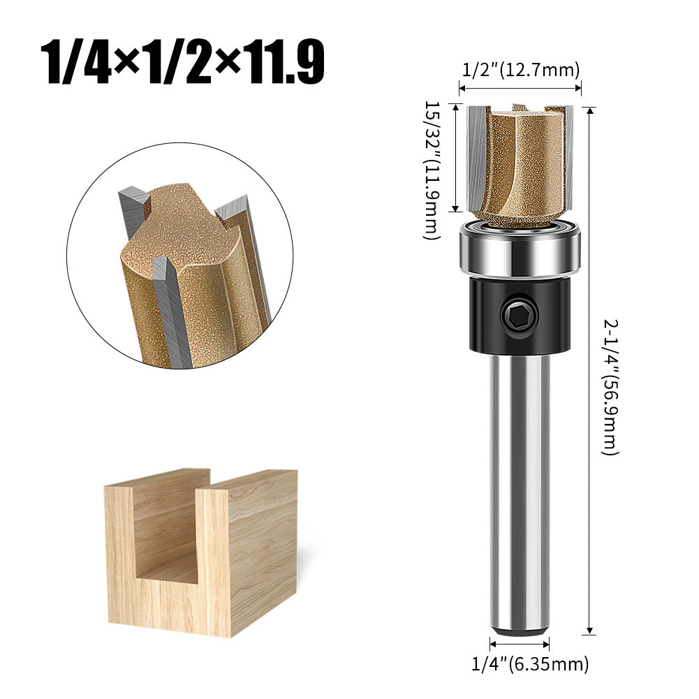 Professional grade three-edged bearing straight knife 1/4 handle trimming knife slotting diameter 12.7 diameter engraving machine woodworking milling cutter head
