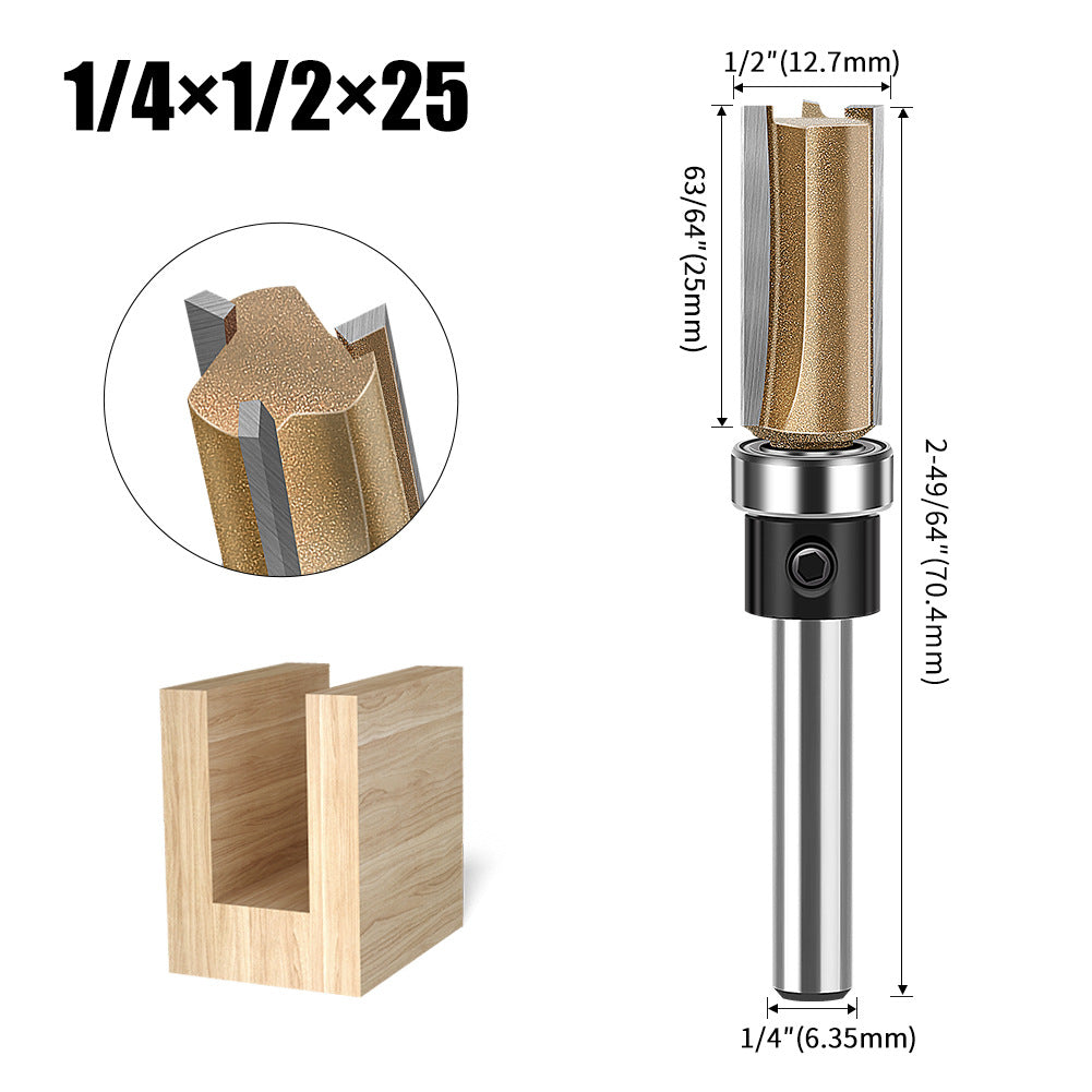 Professional grade three-edged bearing straight knife 1/4 handle trimming knife slotting diameter 12.7 diameter engraving machine woodworking milling cutter head