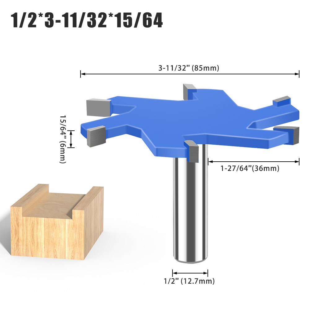 6-Tooth four-tooth T-shaped knife 1/2 handle 12mm handle woodworking tool lengthened T-shaped cutter slotted milling cutter T-shaped tenon cutter