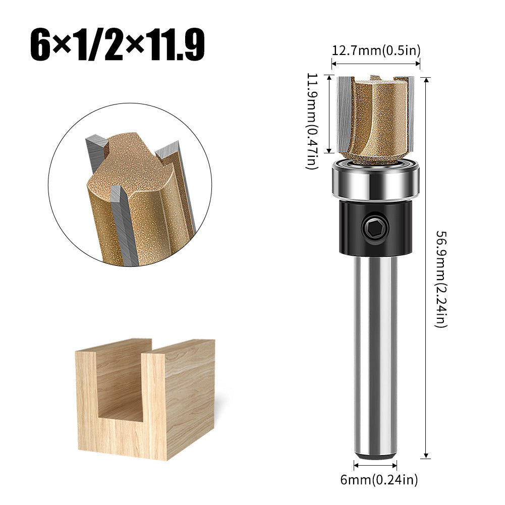 Professional grade three-edged bearing straight knife 1/4 handle trimming knife slotting diameter 12.7 diameter engraving machine woodworking milling cutter head