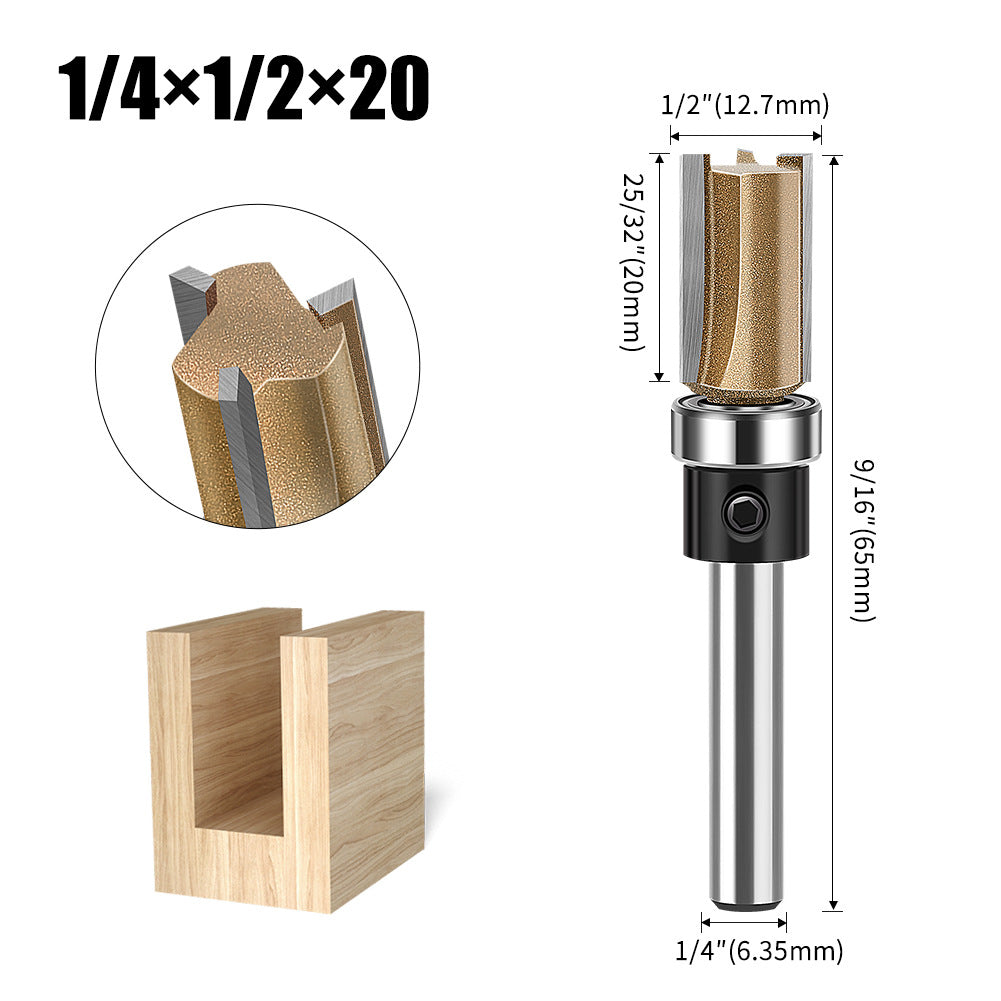 Professional grade three-edged bearing straight knife 1/4 handle trimming knife slotting diameter 12.7 diameter engraving machine woodworking milling cutter head