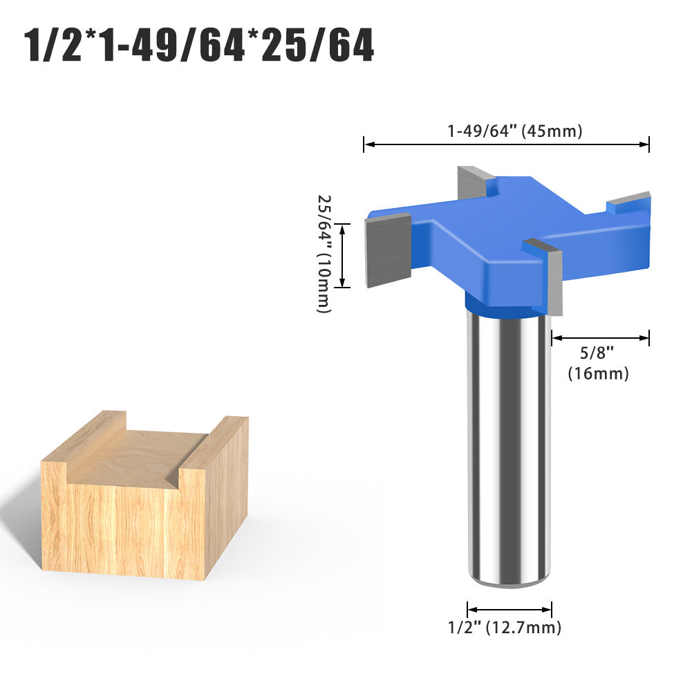6-Tooth four-tooth T-shaped knife 1/2 handle 12mm handle woodworking tool lengthened T-shaped cutter slotted milling cutter T-shaped tenon cutter