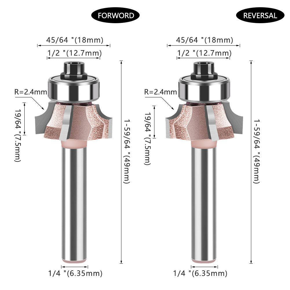 1/4 shank four-blade positive and reverse edge banding knife rounded corner knife arc trimming knife woodworking chamfering knife