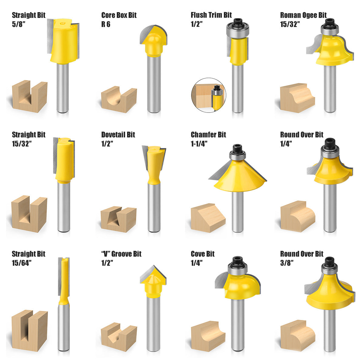 12-Piece set of 6-shank 1/4-shank woodworking milling cutter set, trimming machine, engraving machine, bakelite milling cutter, home decoration DIY