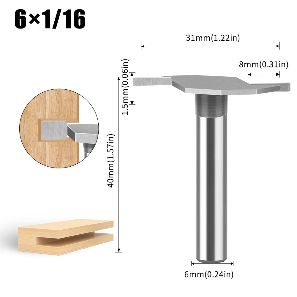 6 handle 12 handle T-shaped knife Slotted knife Alloy slotting cutter head Woodworking milling cutter Tungsten steel cutter head Woodworking slotting knife