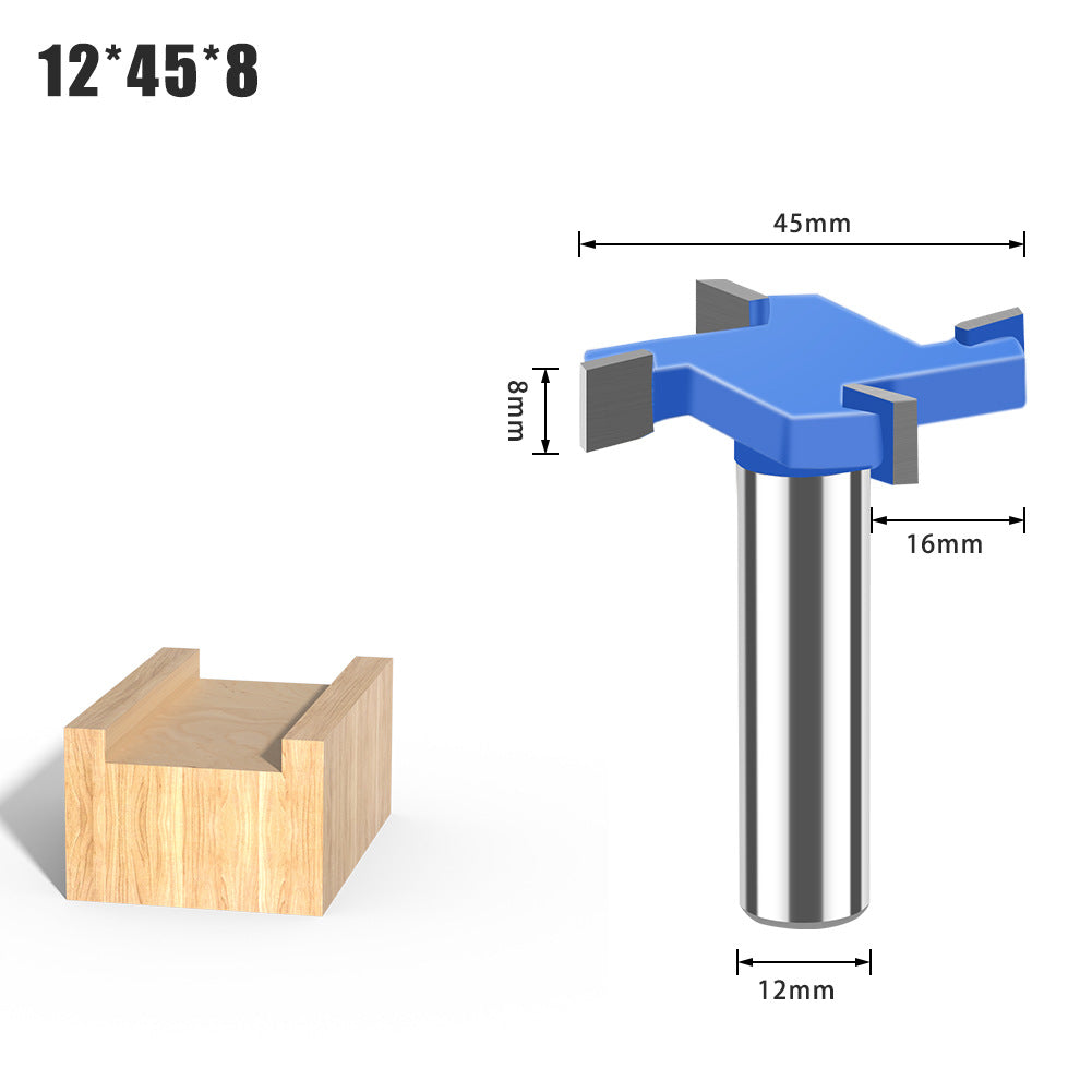 6-Tooth four-tooth T-shaped knife 1/2 handle 12mm handle woodworking tool lengthened T-shaped cutter slotted milling cutter T-shaped tenon cutter