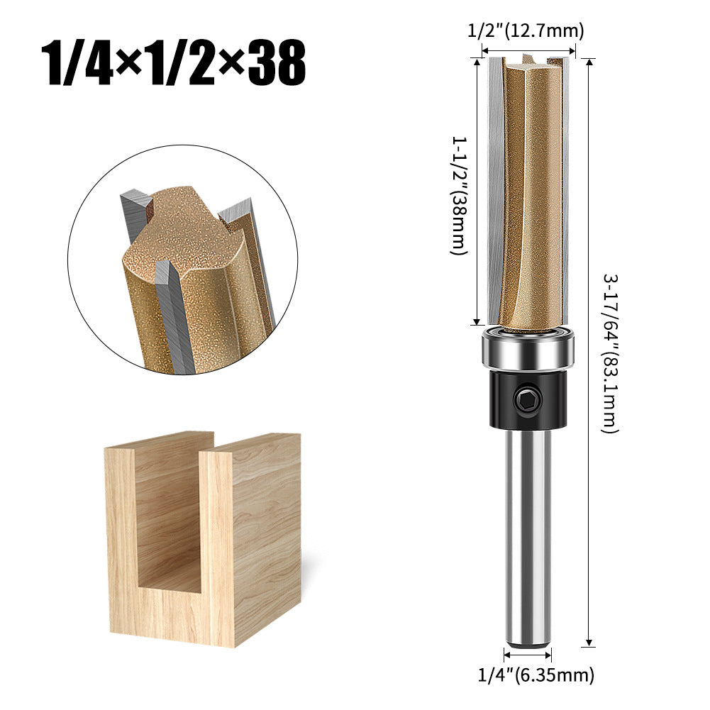 Professional grade three-edged bearing straight knife 1/4 handle trimming knife slotting diameter 12.7 diameter engraving machine woodworking milling cutter head