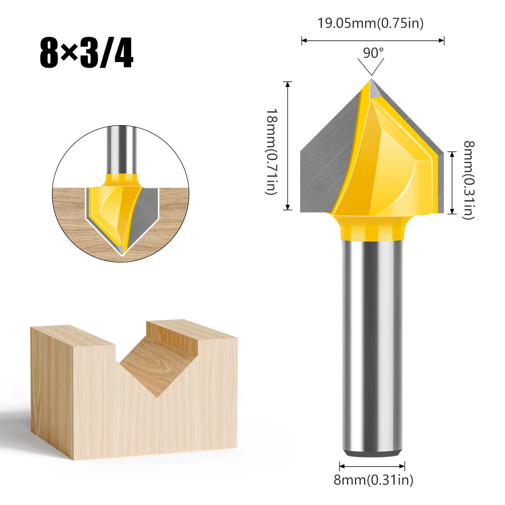 90 degree V-shaped knife 8 handle woodworking milling cutter v-slot trimming machine cutter head Aluminum plastic plate slotting integrated wall folding cutter head