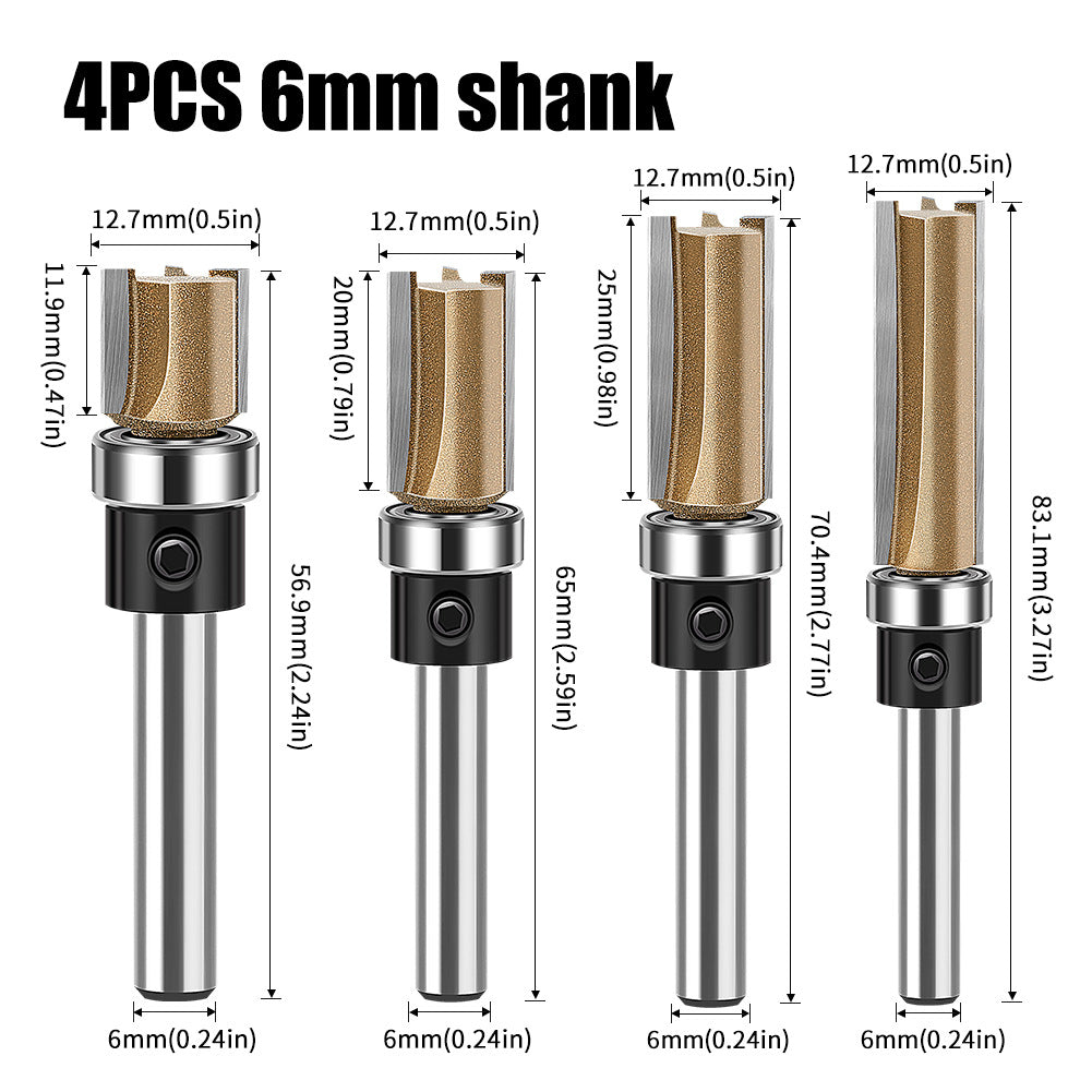 Professional grade three-edged bearing straight knife 1/4 handle trimming knife slotting diameter 12.7 diameter engraving machine woodworking milling cutter head