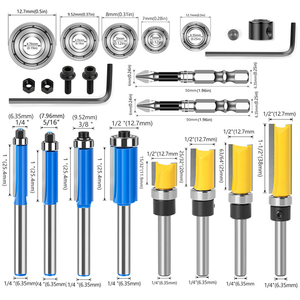 23-Piece set 1/4 handle 6 handle bearing trimming knife set Slotted milling cutter Batch head Trimming milling cutter Trimming machine milling cutter