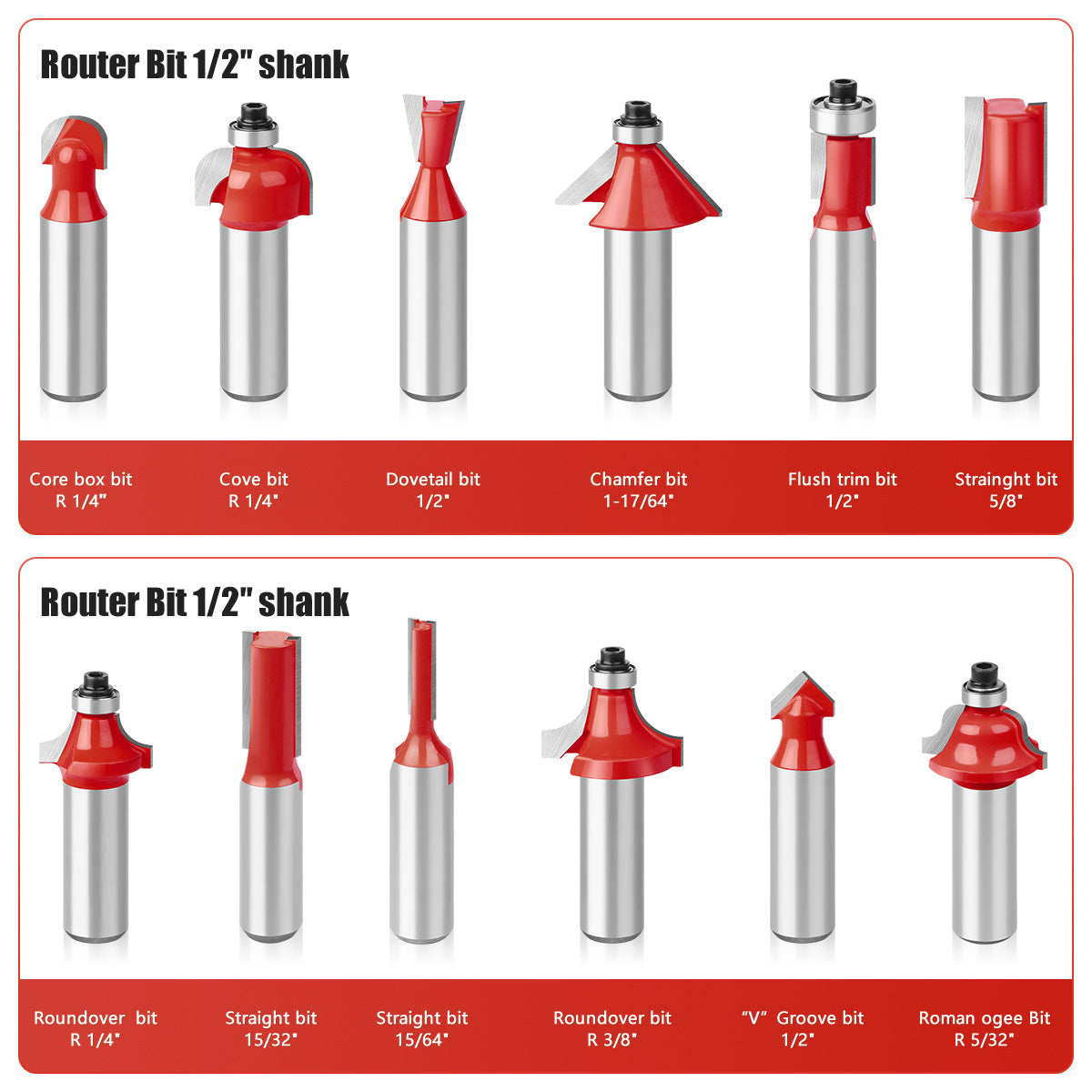 1/2 handle 12-piece woodworking milling cutter set Engraving machine/bakelite milling/trimming machine, cutter head set cutter