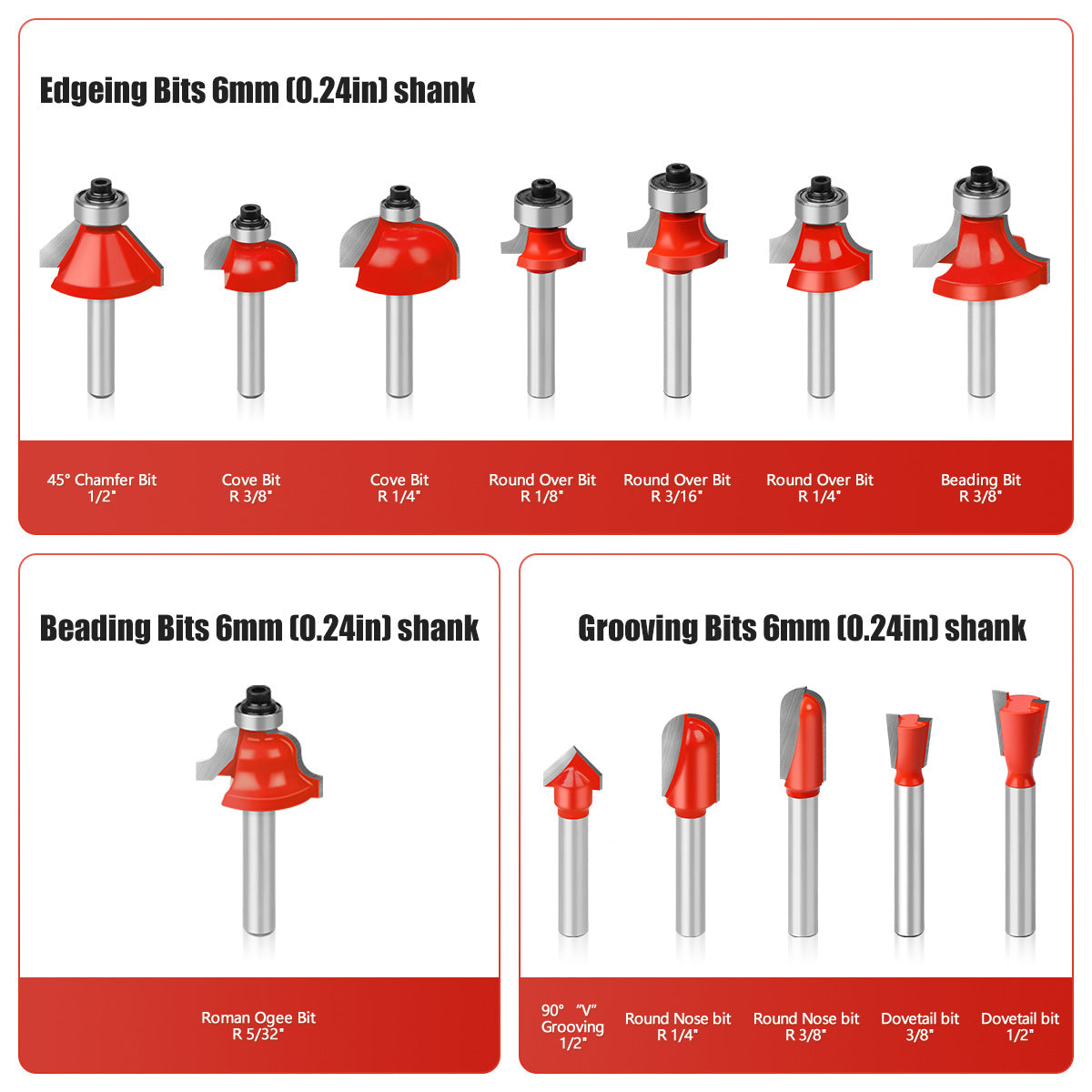 24-Piece woodworking milling cutter 6 handle trimming machine engraving machine cutter head DIY woodworking tools rounded corner slotting trimming milling cutter