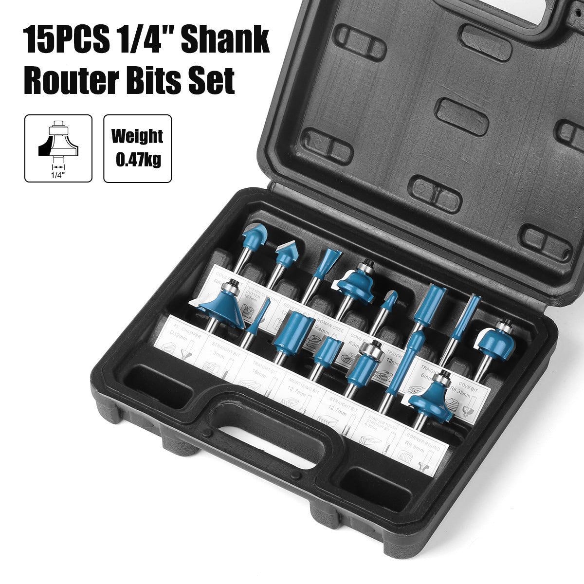 1/4 handle 15-piece woodworking milling cutter set trimmer head bakelite slotting router straight cutter woodworking tool