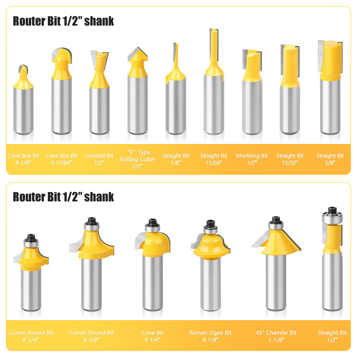 15-Piece set of 1/2 handle woodworking milling cutter set, engraving machine/bakelite milling/trimming machine, alloy cutter head set