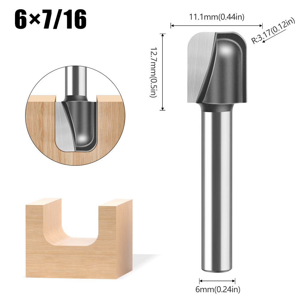 5-Piece set of 1/4 handle 6 handle double arc round bottom knife, slotting knife, bakelite milling cutter, engraving machine, trimming machine round bottom line type