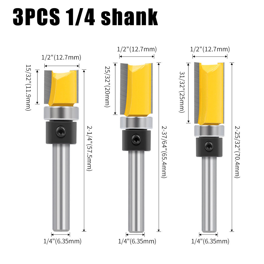 1/4 handle, copy bearing trimming cutter, woodworking milling cutter, double-edged bearing straight cutter, extended