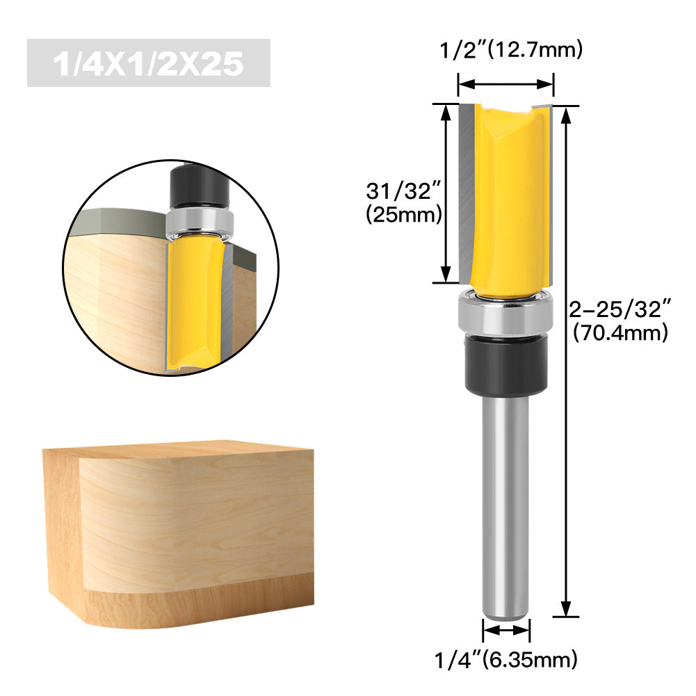 1/4 handle, copy bearing trimming cutter, woodworking milling cutter, double-edged bearing straight cutter, extended