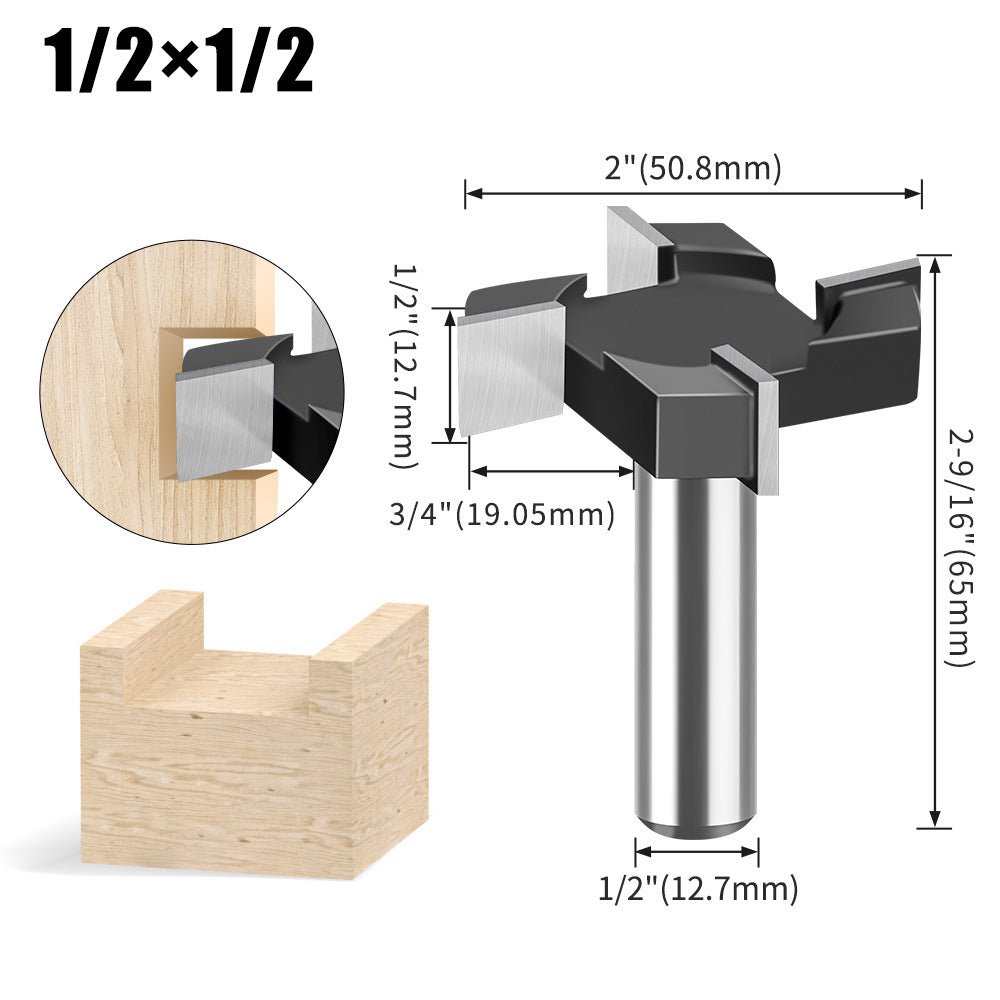 Four-blade T-knife Slotting knife 1/2 handle 12 handle woodworking milling cutter engraving machine cutter head Large diameter slotting knife T-knife