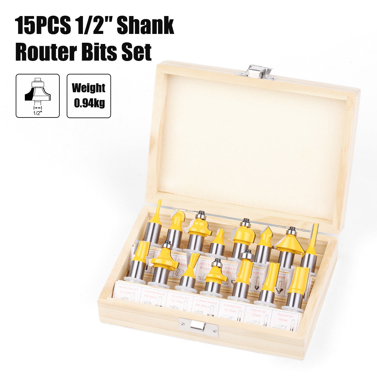15-Piece set of 1/2 handle woodworking milling cutter set, engraving machine/bakelite milling/trimming machine, alloy cutter head set