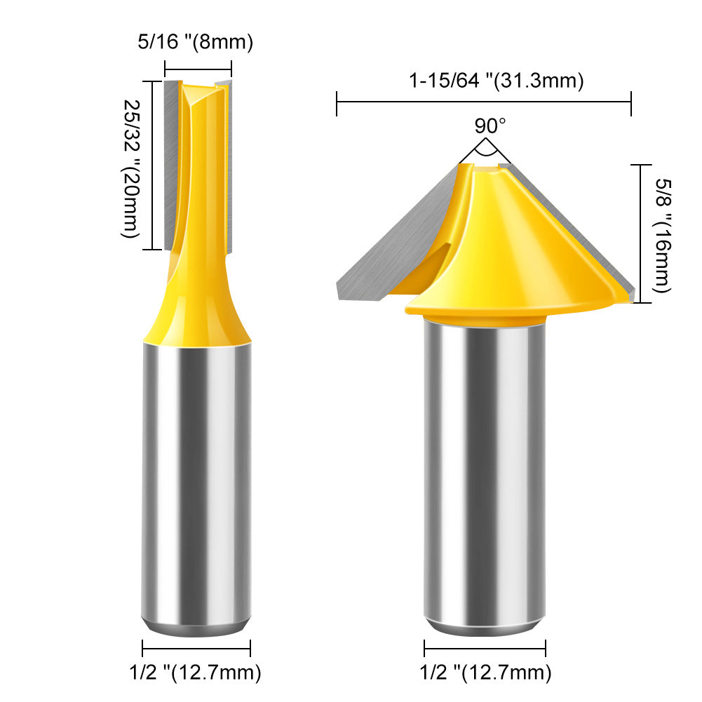 2-Piece set Bogu frame tenon knife 1/2 handle 8 handle woodworking milling cutter Flat bottom V-shaped knife Door and window tenon knife Puzzle knife