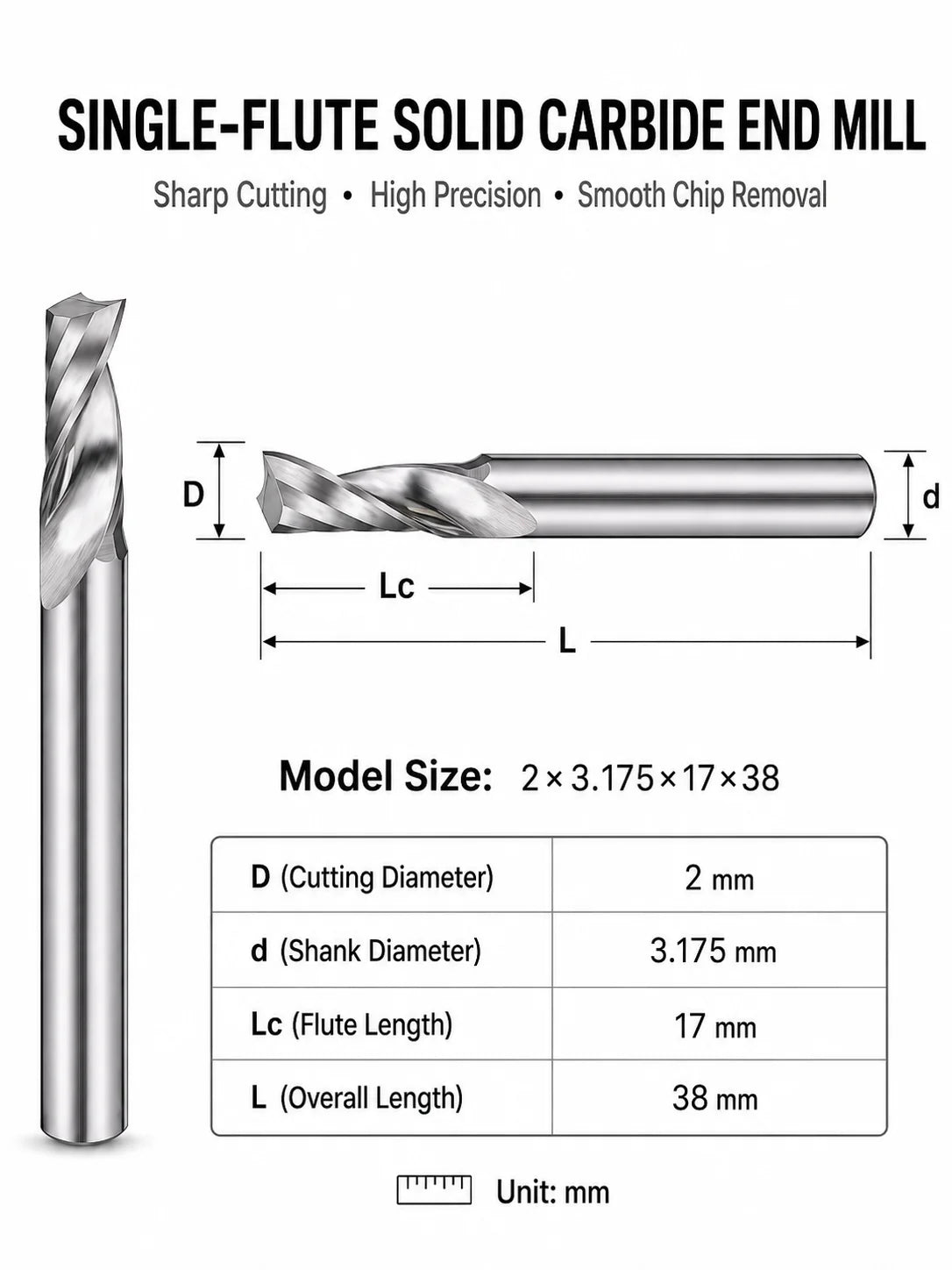 Single Flute Solid Carbide End Mill for Aluminum, Copper, Plastic & Wood CNC Milling Cutter