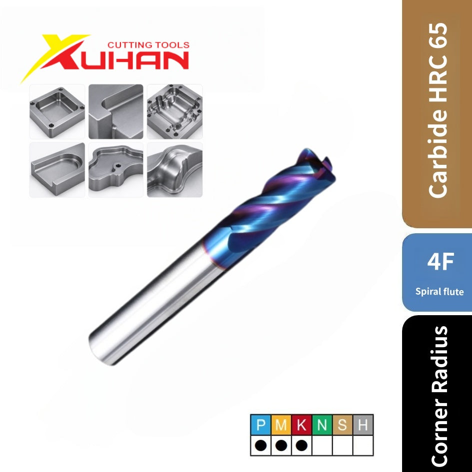 4 Flute Corner Radius Carbide End Mill Blue Nano Coated Long Reach CNC Milling Cutter HRC65