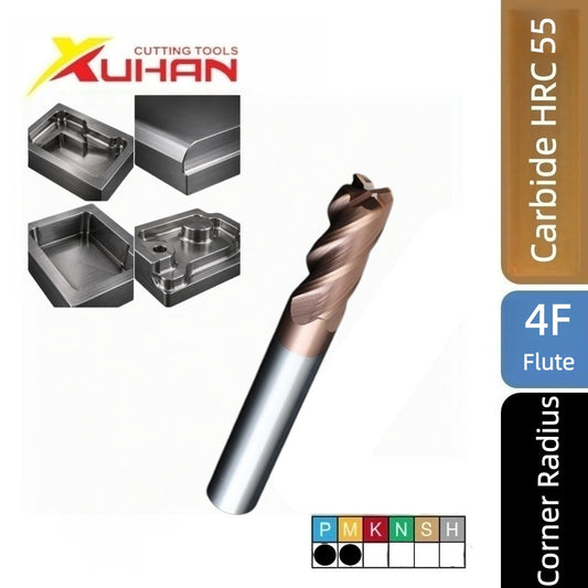 4 Flute Solid Carbide Corner Radius End Mill, Extra Long Coated Bull Nose Milling Cutter HRC55