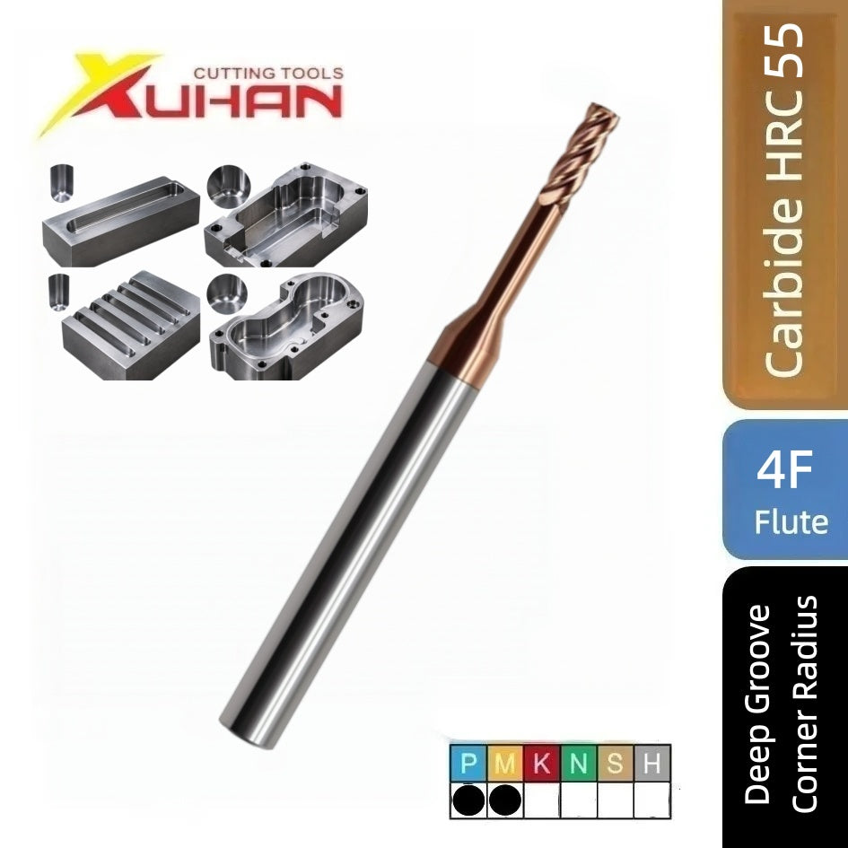 HRC55 4 Flute Deep Groove Corner Radius End Mill R0.2 R0.5, Solid Carbide Extended Reach CNC Milling Cutter for Steel