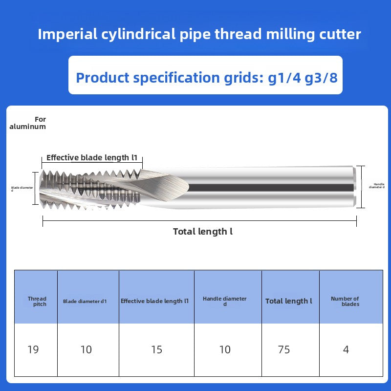 Inch tungsten steel cylindrical pipe thread milling cutter sealed type CNC numerical control tool G1/4 steel coating