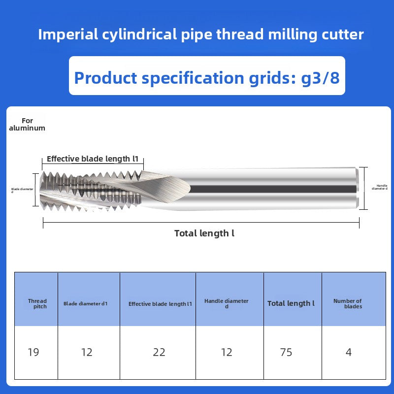 Inch tungsten steel cylindrical pipe thread milling cutter sealed type CNC numerical control tool G1/4 steel coating